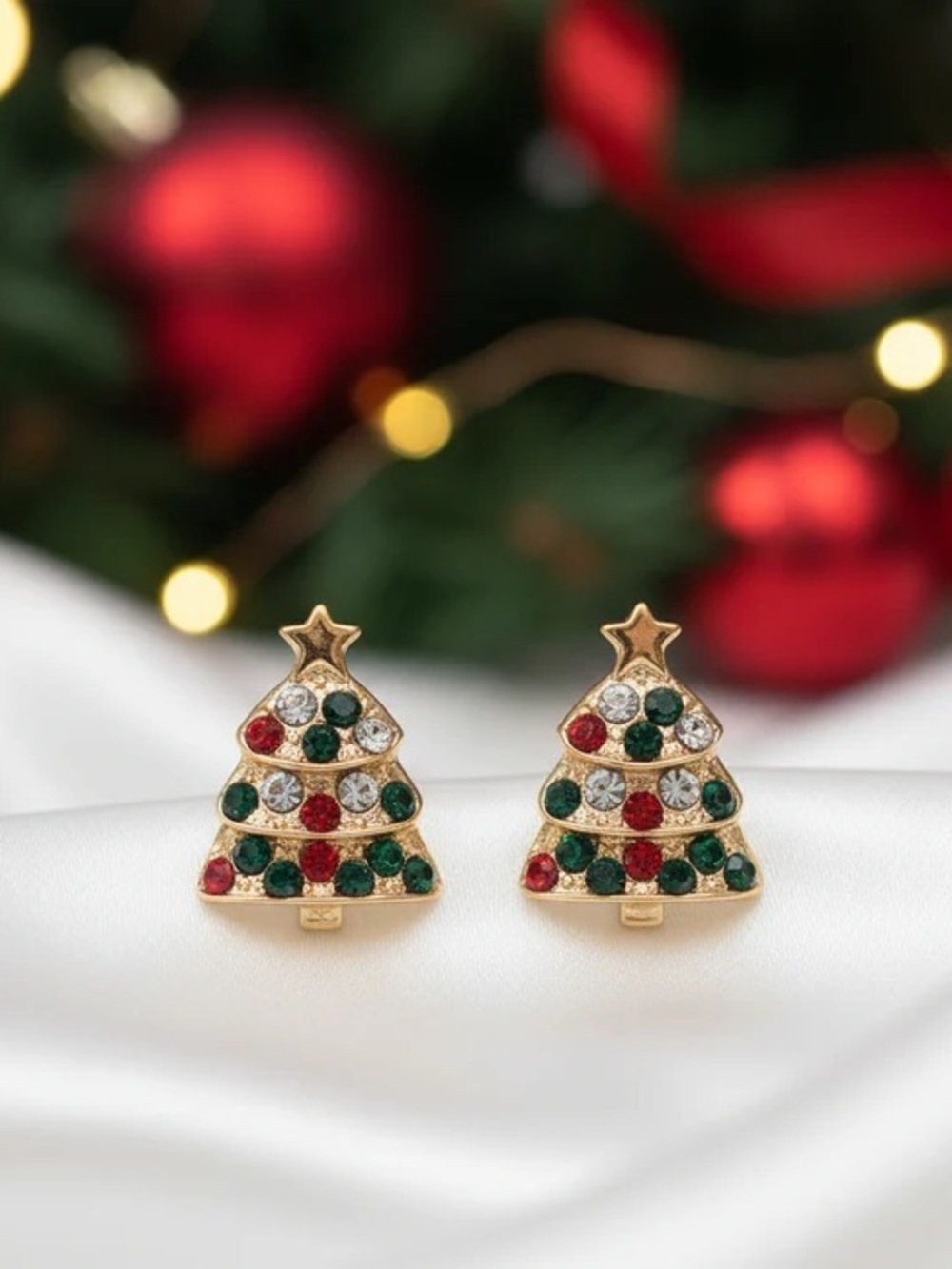 Gold-Tone Christmas Tree Stud Earrings with Red, Green & Clear Crystals
